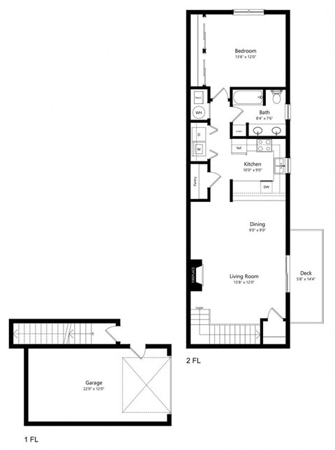 Floor plan for 1 bed, 1 bath, 892 sqft