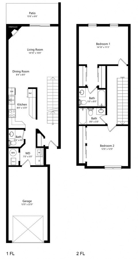 Floor plan for 2 beds, 2 baths, 1180 sqft