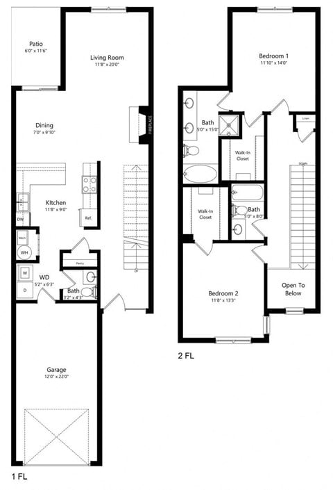 Floor plan for 2 beds, 2 baths, 1453 sqft