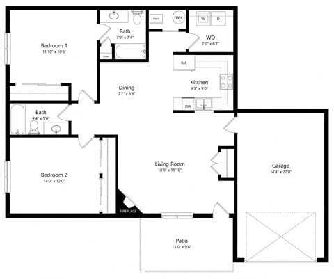 Floor plan for 2 beds, 2 baths, 1196 sqft