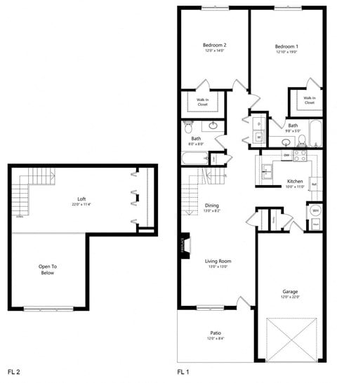 Floor plan for 2 beds, 2 baths, 1457 sqft