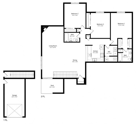 Floor plan for 3 beds, 2 baths, 1611 sqft