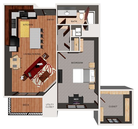 Floor plan for 1 bed, 1 bath, 815 sqft