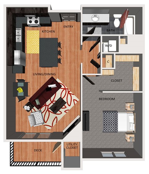 Floor plan for 1 bed, 1 bath, 724 sqft