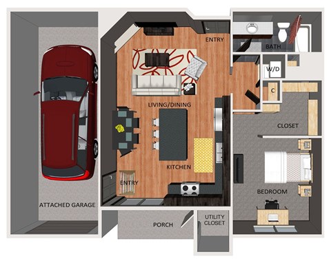 Floor plan for 1 bed, 1 bath, 789 sqft