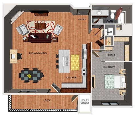 Floor plan for 1 bed, 1 bath, 994 sqft
