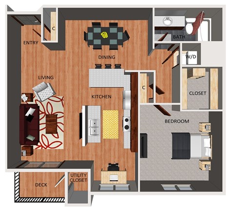 Floor plan for 1 bed, 1 bath, 953 sqft