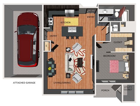 Floor plan for 1 bed, 1 bath, 897 sqft