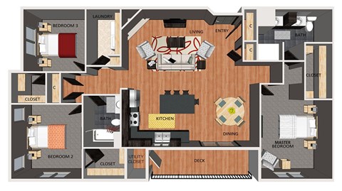 Floor plan for 3 beds, 2 baths, 1446 sqft
