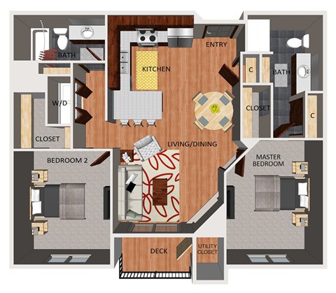 Floor plan for 2 beds, 2 baths, 1013 sqft