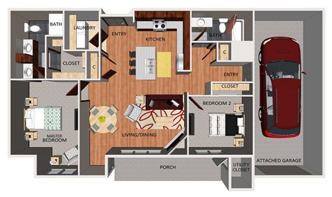 Floor plan for 2 beds, 2 baths, 1136 sqft