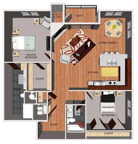 Floor plan for 2 beds, 2 baths, 1145 sqft