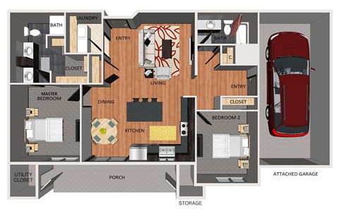 Floor plan for 2 beds, 2 baths, 1133 sqft