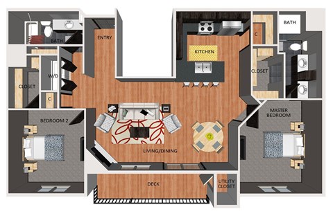 Floor plan for 2 beds, 2 baths, 1264 sqft