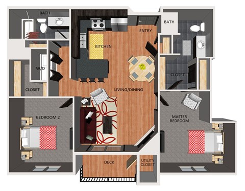 Floor plan for 2 beds, 2 baths, 1036 sqft