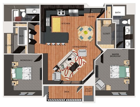 Floor plan for 2 beds, 2 baths, 1125 sqft