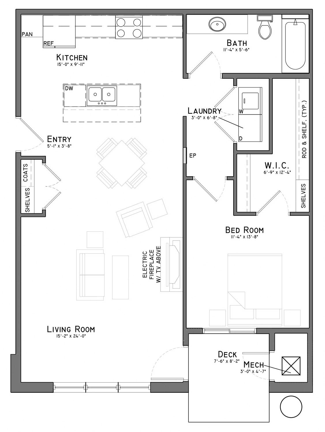Floor plan for 1 bed, 1 bath, 924 sqft