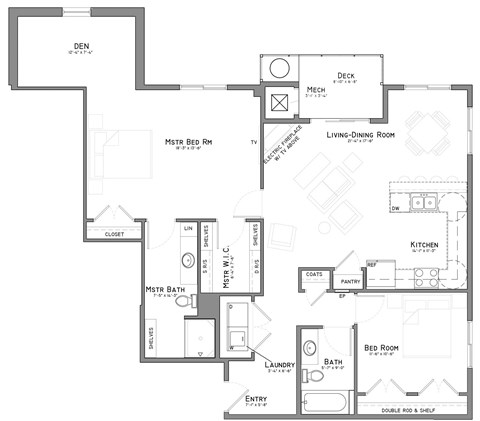 Floor plan for 2 beds, 2 baths, 1334 sqft