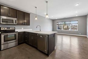 Omaha apartment for rent - Dark cabinetry and a white peninsula define this open apartment kitchen, flowing into a living area with wide windows and wood-look floors.