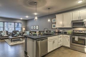 Omaha apartment for rent - View of kitchen and living room from entrance at The Helen