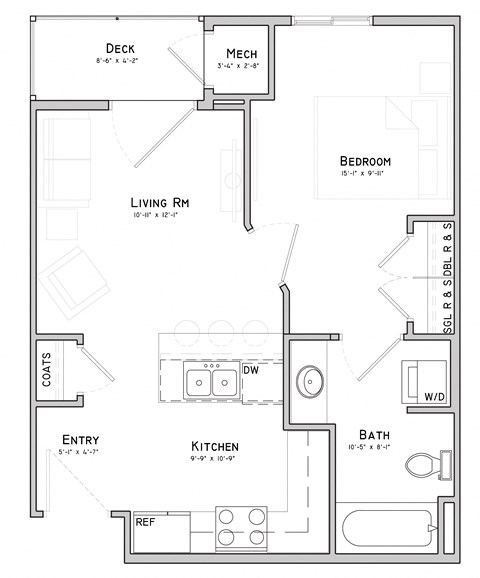 Floor plan for 1 bed, 1 bath, 511 sqft
