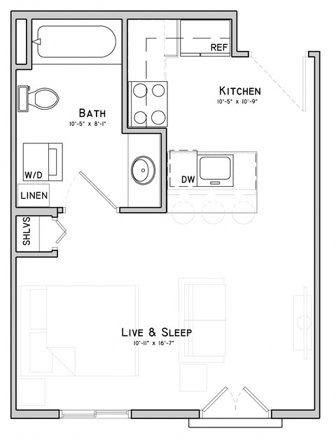 Floor plan for studio, 1 bath, 373 sqft