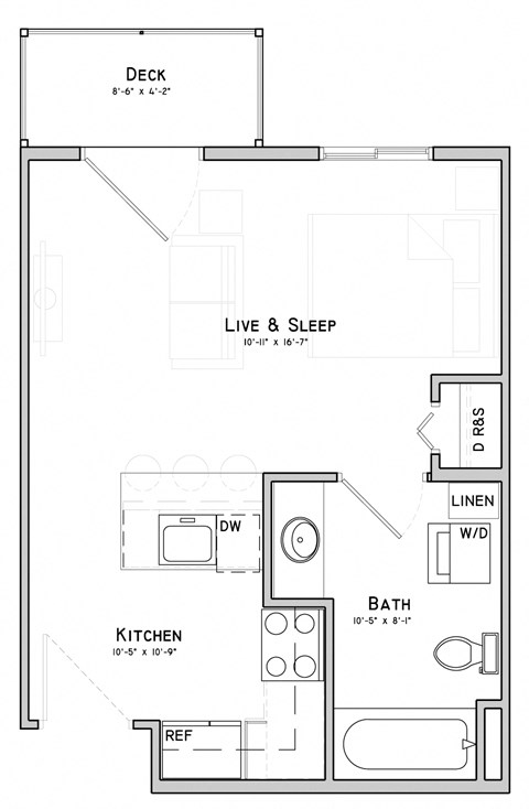 Floor plan for studio, 1 bath, 373 sqft