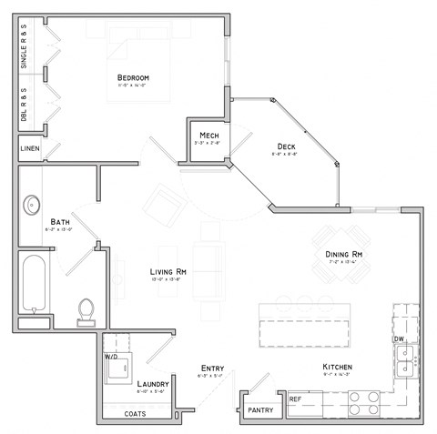 Floor plan for 1 bed, 1 bath, 767 sqft