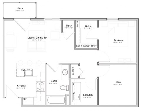Floor plan for 1 bed, 1 bath, 760 sqft