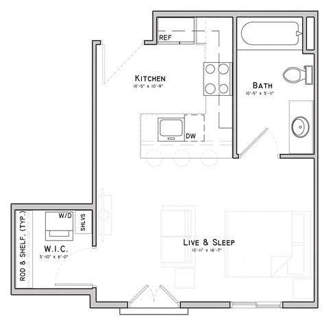 Floor plan for studio, 1 bath, 416 sqft