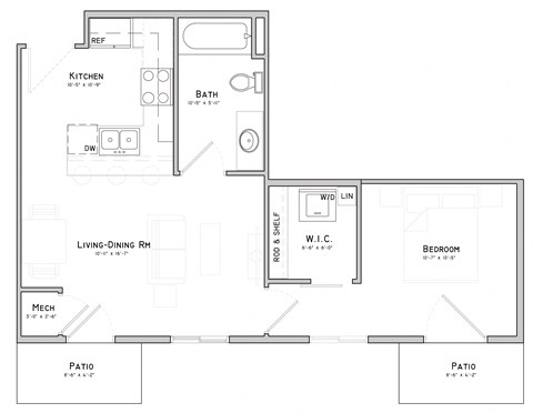 Floor plan for 1 bed, 1 bath, 566 sqft