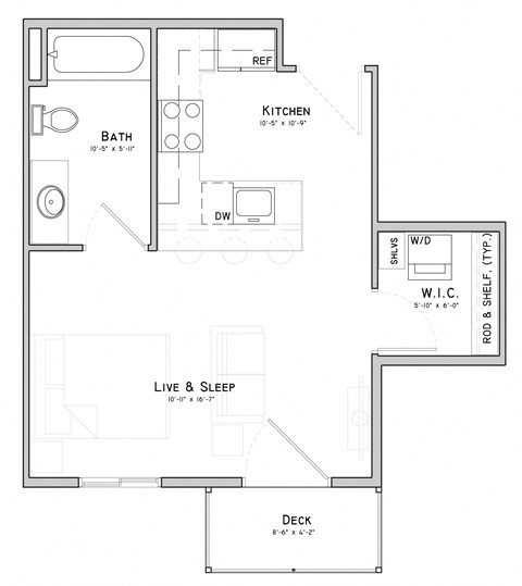 Floor plan for studio, 1 bath, 416 sqft
