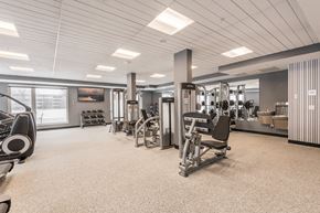 Bloomington apartment for rent - View of expansive gym with weightlifting machines at The Preserve apartments in Bloomington