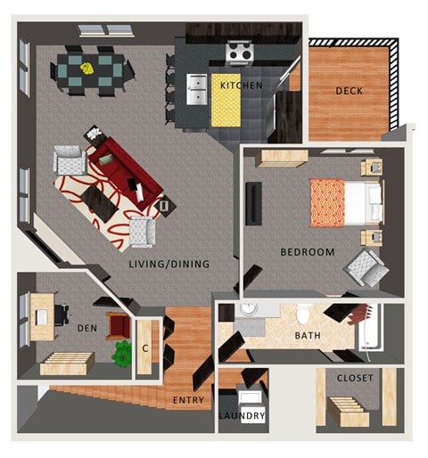 Floor plan for 1 bed, 1 bath, 1025 sqft