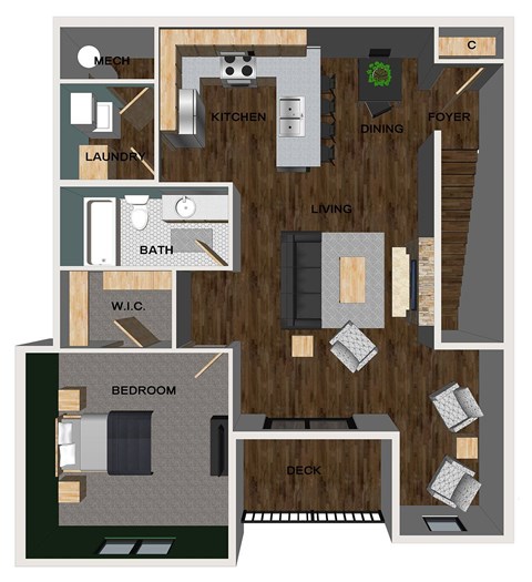 Floor plan for 1 bed, 1 bath, 891 sqft