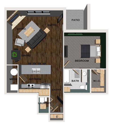 Floor plan for 1 bed, 1 bath, 786 sqft