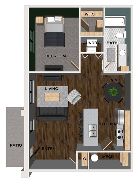 Floor plan for 1 bed, 1 bath, 682 sqft
