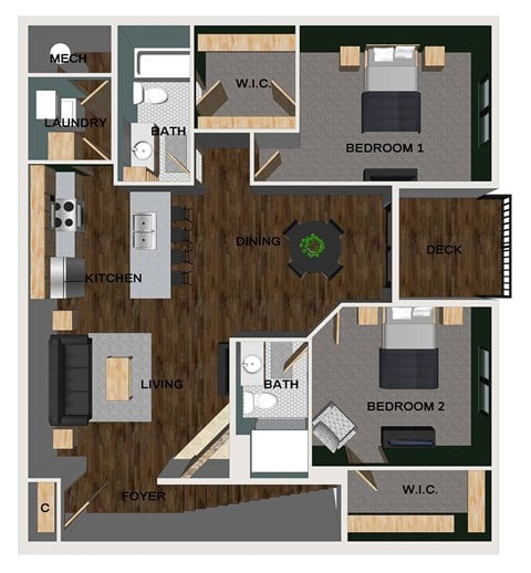 Floor plan for 2 beds, 2 baths, 1132 sqft