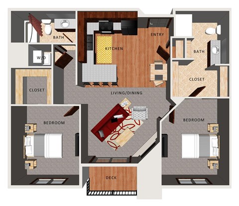 Floor plan for 2 beds, 2 baths, 1013 sqft