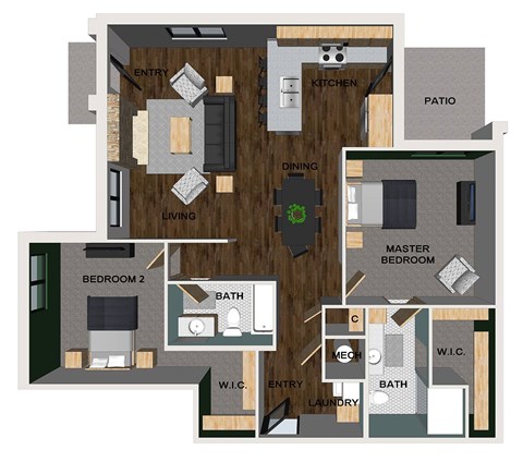 Floor plan for 2 beds, 2 baths, 1121 sqft