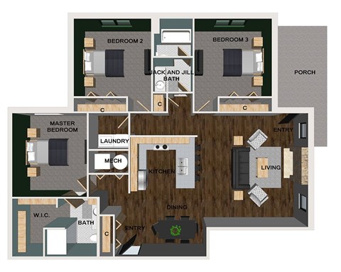 Floor plan for 3 beds, 2 baths, 1399 sqft