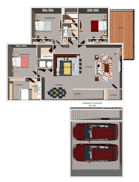 Floor plan for 3 beds, 2 baths, 1418 sqft