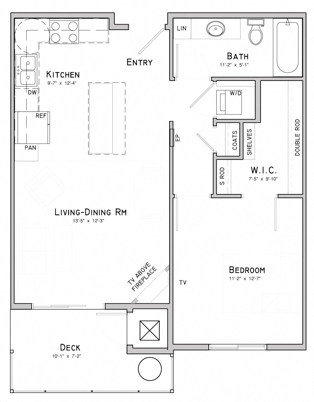 Floor plan for 1 bed, 1 bath, 724 sqft