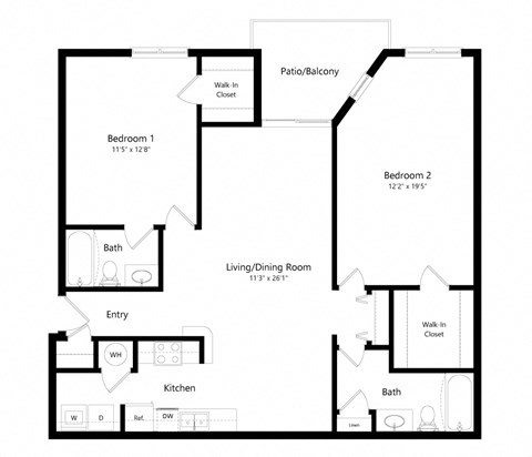 Floor plan for 2 beds, 2 baths, 1165 sqft