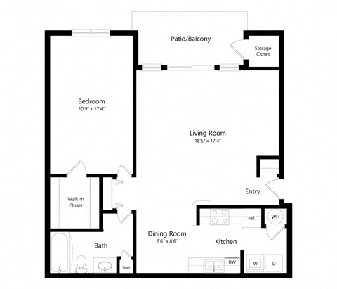 Floor plan for 1 bed, 1 bath, 923 sqft