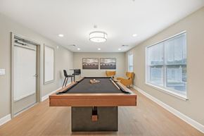 Clarksburg apartment for rent - A pool table is in the middle of a room with a picture on the wall and a window with blinds.