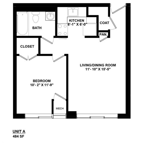 Floor plan for 1 bed, 1 bath, 484 sqft
