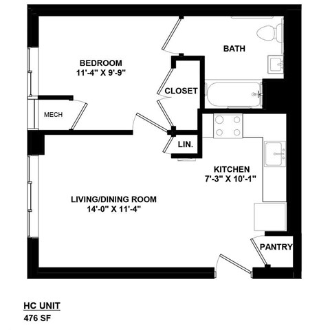 Floor plan for 1 bed, 1 bath, 476 sqft