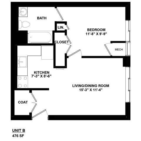 Floor plan for 1 bed, 1 bath, 476 sqft