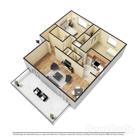 Floor plan for 2 beds, 1 bath, 991 sqft